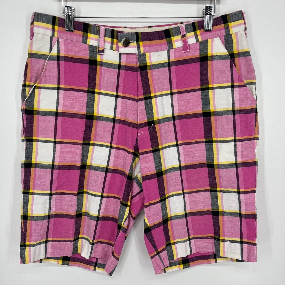 Loudmouth Golf Mens Pink Yellow Black Plaid Shorts Size 36 Stretch Cotton